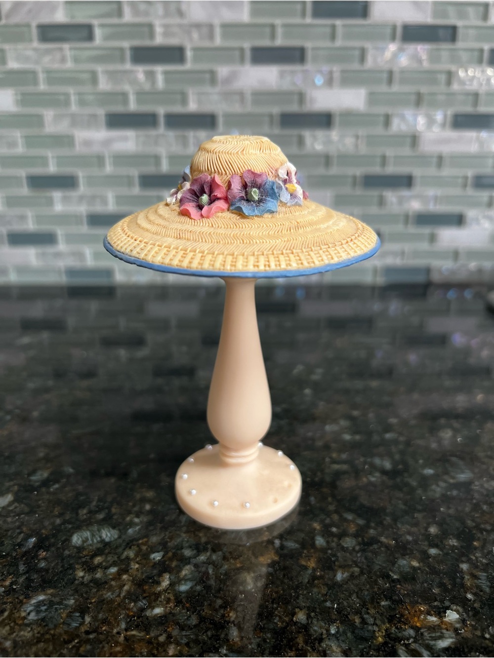 Decorative Straw Hat Table Accent in Beige with Floral Trim